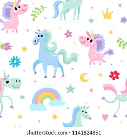 Cute magic pattern with unicorn isolated on white. Vector seamless pattern with magic horse with horn and fairy elements - rainbow, stars, flowers used for kids magazine, children book, textile.