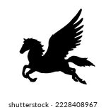 Cute magic Pegasus vector silhouette illustration isolated on white background. Pegasus shape shadow, majestic mythical Greek winged horse. Mythology flying Horse from dream. Symbol of freedom.