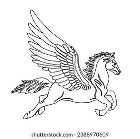 Cute magic Pegasus vector silhouette illustration isolated on white background. Pegasus shape shadow, majestic mythical Greek winged horse. Mythology flying Horse drawing. Symbol of freedom.