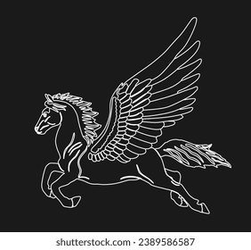 Cute magic Pegasus vector silhouette illustration isolated on black background. Pegasus shape shadow, majestic mythical Greek winged horse. Mythology flying Horse drawing. Symbol of freedom.