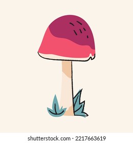 Cute magic pink mushroom isolated on a beige background. Fungi Hand drawn Halloween vector illustration