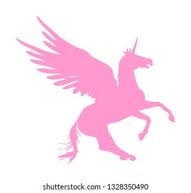 Cute magic pink Unicorn Pegasus vector silhouette isolated on white background. Pegasus silhouette, majestic mythical Greek winged horse.  Mythology flying Horse from dream. Symbol of freedom.