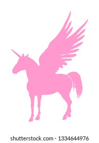 Cute magic pink Unicorn Pegasus vector silhouette isolated on white background. Pegasus silhouette, majestic mythical Greek winged horse.  Mythology flying Horse from dream. Symbol of freedom.