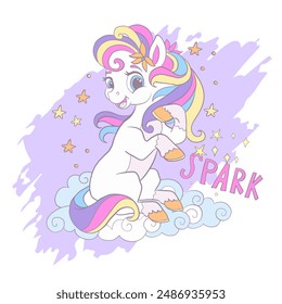 Bonito pony mágico con estrellas. Letras de chispa. Ilustración vectorial en colores pastel de moda. Caricatura. Concepto de cumpleaños. Diseño de postales y pegatinas. Para estampado, camiseta y diseño de ropa