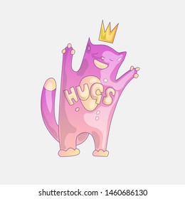 Cute magic princess pink cat in crown with word Hugs on top. Positive vibes cat, little girl sticker icon and prinsess stickers about hugs