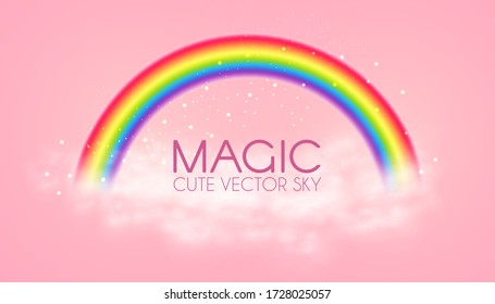 Un arcoiris mágico con nubes sobre fondo rosado. Fantasía y fondo de cuento de hadas. Diseño de niñita.