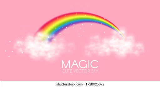 Cute magic rainbow with clouds on pink background. Fantazy and fairy tale background. Little girl design.
