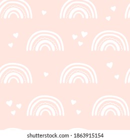 Cute magic rainbow sky and hearts seamless repeat pattern, childish Scandinavian, fun pink beautiful.