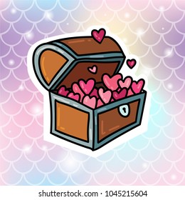Cute magic romantic treasure chest with hearts inside sticker badge pin vector illustration on gradient soft fish scale background. Card or poster design concept