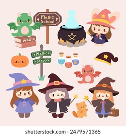 Cute Magic School Characters and Elements Illustration. Adorable Witch and Magical Creatures Collection. Kawaii Cartoon Scene with Witches, Potions, and Dragons