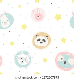Cute magic seamless pattern with animals panda, owl, llama, rabbit, raccoon