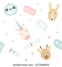 Cute magic seamless pattern with hand drawn animals. Unicorn, giraffe, sloth, kangaroo