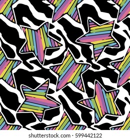 Cute Magic Seamless Pattern With Rainbow Stars On Black And White Zebra Print Background 80s 90s Style.animal Print..vector