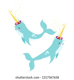 Cute magic set  narwhal on whte backgroun vector illustration