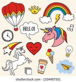 Cute magic set of stickers, pins, patches in cartoon doodle style for print with unicorn, clouds,  heart, stars, rainbow, sweets and other elements for kids