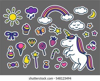 Cute magic set of stickers, pins, patches in cartoon doodle style for print with unicorn, clouds, sun, heart, stars, rainbow, sweets and other elements for kids, girls. Isolated vector illustration 