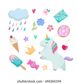 Cute magic set of stickers, pins, patches in cartoon doodle style for print with unicorn, clouds,heart, stars, rainbow, sweets and other elements for kids, girls. Isolated vector illustration