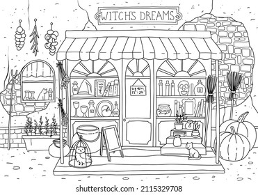 Cute Magic Shop With Pot, Potion, Owl, Broom  And Pumpkin. Hand Drawn Coloring Page.