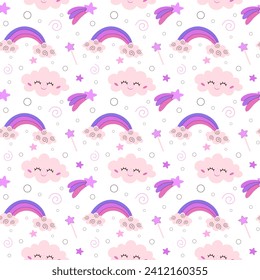 Cute magic sky clouds and stars seamless pattern and fairy tale objects, fantasy characters. Fabulous background for children's textiles, wallpapers, cute cloud, sleep and dreams.