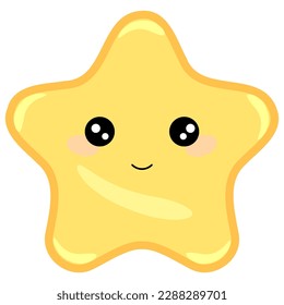 Cute, magic star, cartoon funny character with cheerful smile, positive emoji in cartoon style, design element, wallpaper, packaging, greeting cards, banners
