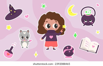 Cute magic sticker set with little girl, cat and love potions and spellbook. Cartoon vector elements for print and design