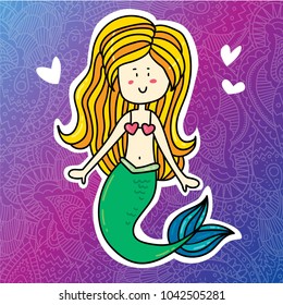 Cute magic summer magic mermaid girl on gradient purple paisley background. Card print, poster or t-shirt print hipster trendy design concept template