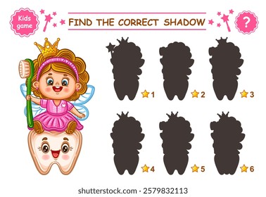 Cute magic tooth fairy princess, find correct shadow shape. Children education puzzle matching game. Fantasy girl with toothbrush. Search picture silhouette. Kid preschool logical learning task vector