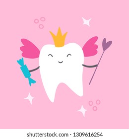 Cute magic tooth with wings and a crown. In one hand a candy, in the other a magic wand. Around the stars on a pink background