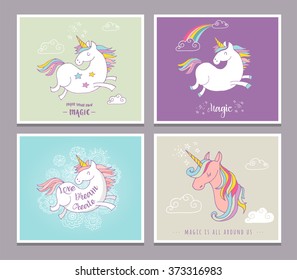 cute magic unicon and rainbow greeting cards