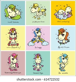 Cute magic unicorn cards with funny hand drawn text