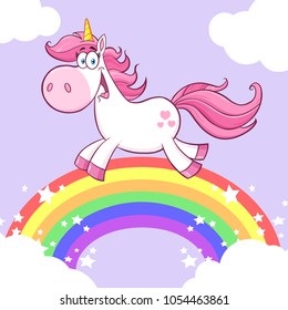 Cute Magic Unicorn Cartoon Mascot Character Running Around Rainbow With Clouds. Vector Illustration With  Background