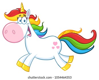 Cute Magic Unicorn Cartoon Mascot Character Running. Vector Illustration Isolated On White  Background