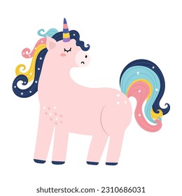 Cute magic unicorn character. Beautiful fairy tale animal in cartoon style. Pink pony isolated on white background. Vector illustration