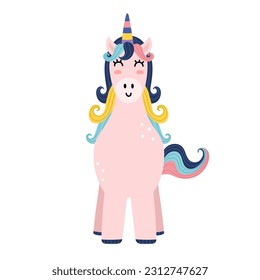 Cute magic unicorn character. Beautiful fairy tale animal in cartoon style. Pink pony isolated on white background. Vector illustration