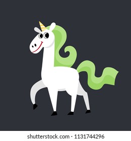 Cute magic unicorn character isolated on black. Vector illustration with magic horse with horn used for kids magazine, children book, stickers.