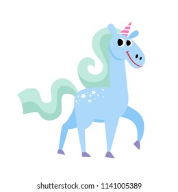 Cute magic unicorn character isolated on white. Vector illustration with magic horse with horn used for kids magazine, children book, stickers.