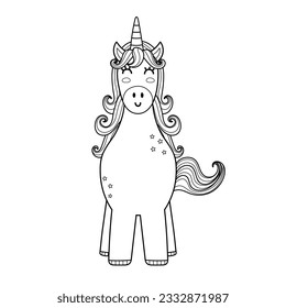Cute magic unicorn character in outline. Beautiful black and white fairytale animal. Vector illustration