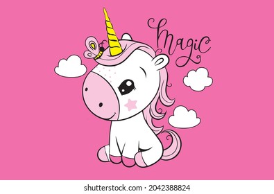 cute magic unicorn with clouds and pink background