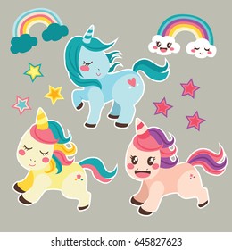 Cute magic unicorn collection with sweet rainbow and stars