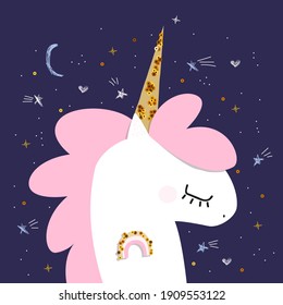 Cute magic unicorn and doodle elements. Vector hand drawn illustration.