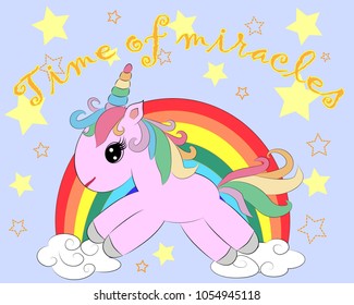 The cute magic Unicorn and fairy elements collection. Inscription Time of miracles