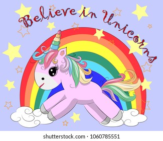 The cute magic Unicorn and fairy elements collection. Inscription Believe in Unicorns