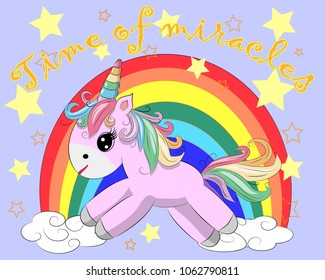 The cute magic Unicorn and fairy elements collection. Inscription Time of miracles