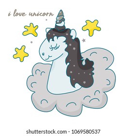 The cute magic Unicorn and fairy elements collection. Isolated vector illustration. Print, magic sticker, banner, card
