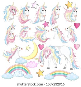 The cute magic Unicorn and fairy elements collection. Isolated illustration.