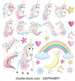 The cute magic Unicorn and fairy elements collection. Isolated illustration.