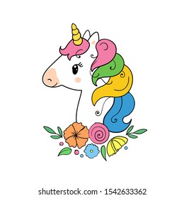 The cute magic Unicorn and flower elements collection. vector illustration.