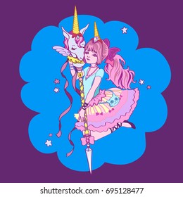 cute magic unicorn and girl. Ready image for greeting card. Beautiful Vector illustration.