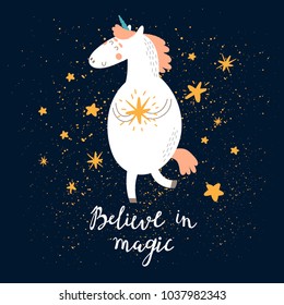 Cute magic unicorn holding a star on stars background. Believe in magic greeting card. Vector illustration.