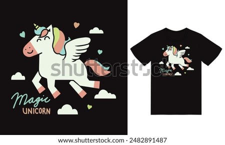 Cute magic unicorn illustration with tshirt design premium vector the Concept of Isolated Technology. Flat Cartoon Style Suitable for Landing Web Pages,T shirt, Flyers, Stickers